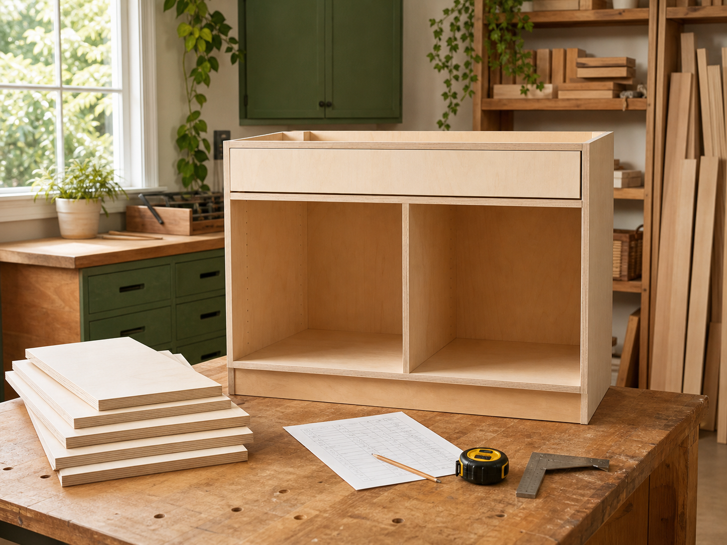 Plywood cabinets project with cut panels in a workshop