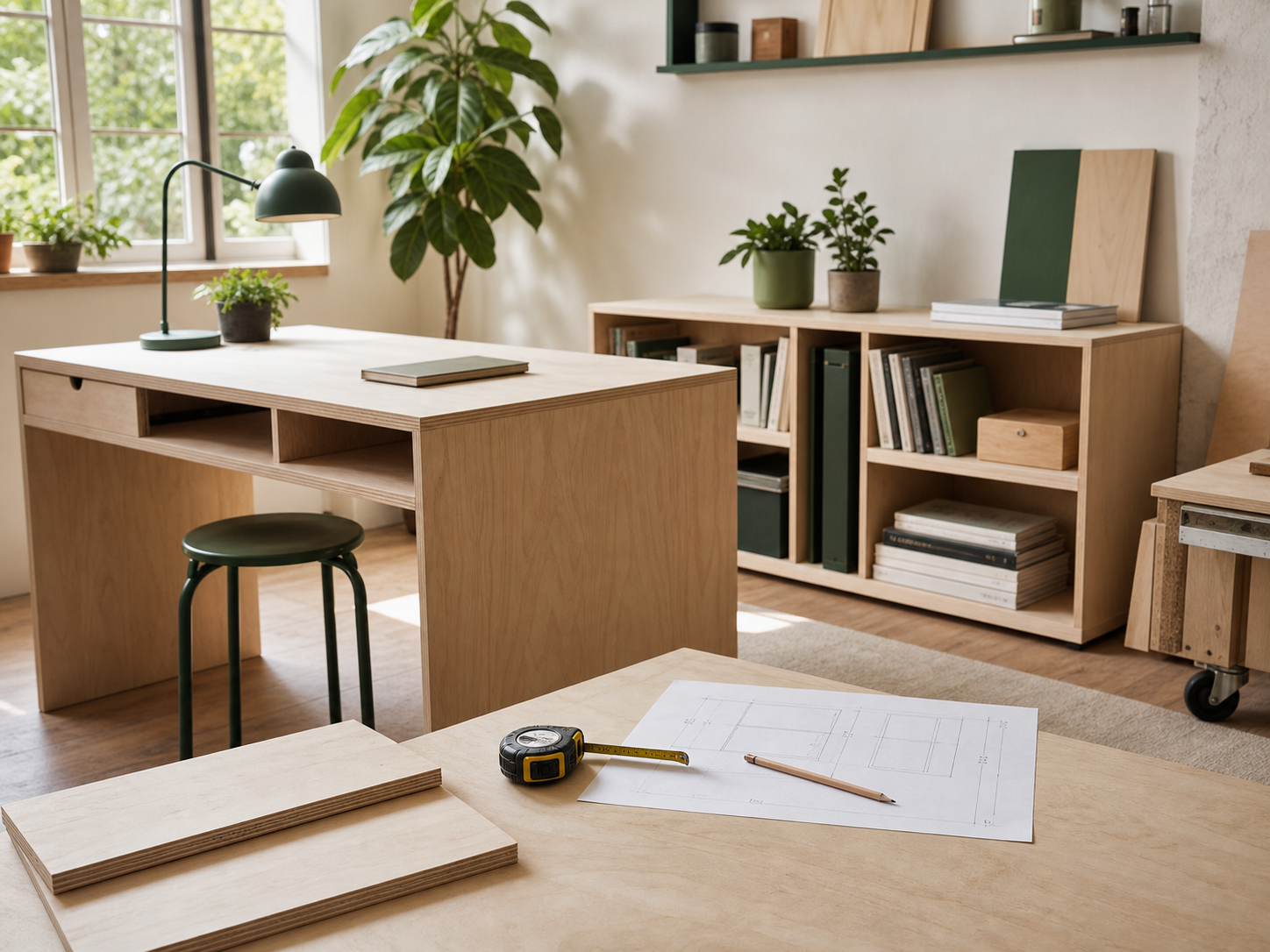 Plywood small projects project with cut panels in a workshop
