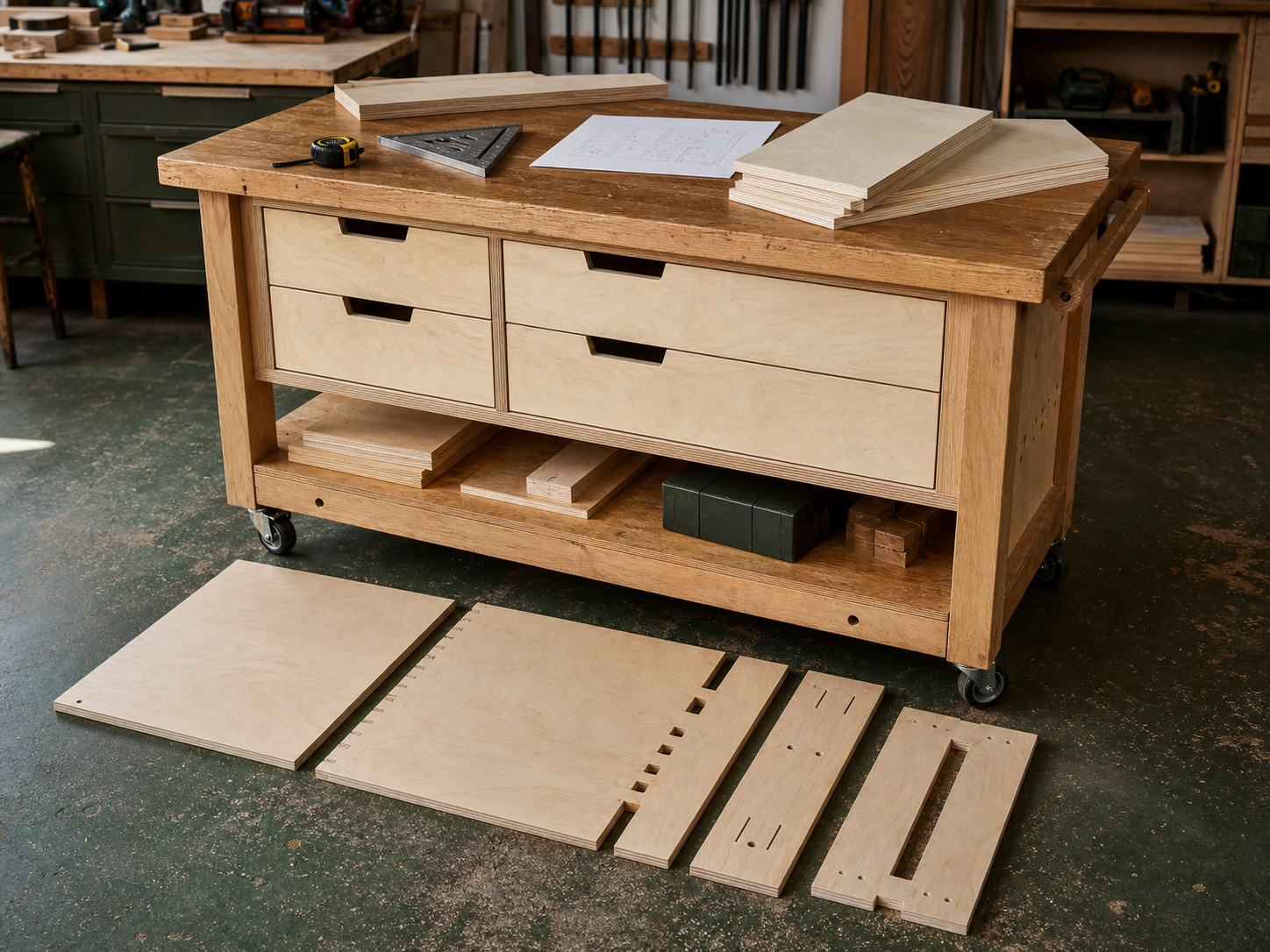 Plywood shop project with cut panels in a workshop