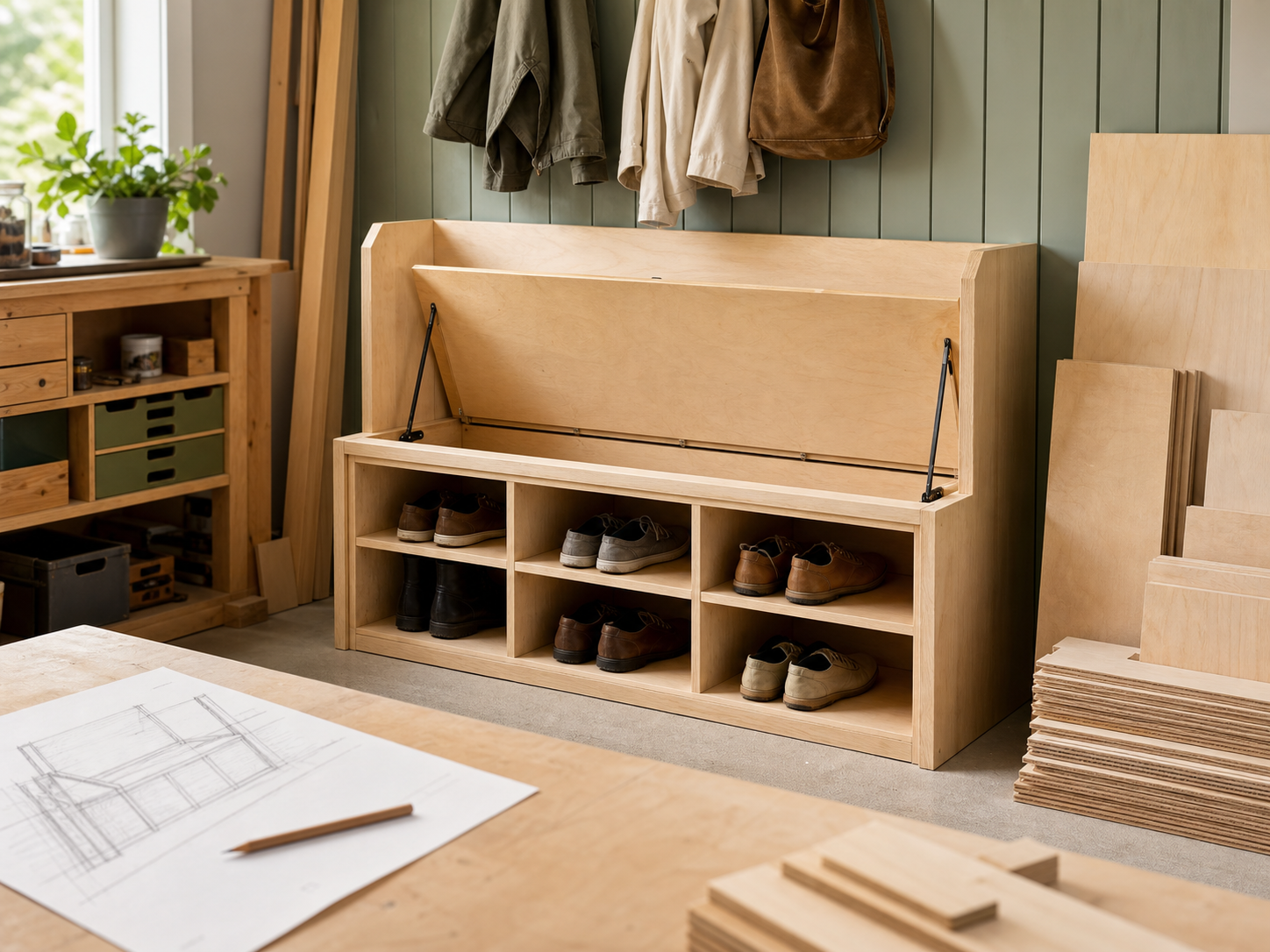 Plywood storage project with cut panels in a workshop