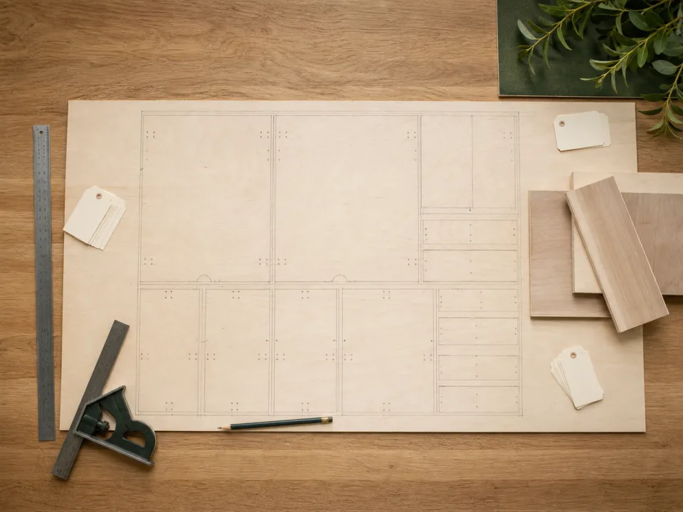 Plywood sheet with an organized cut layout and measured parts for Cut List Yield Variance Closeout