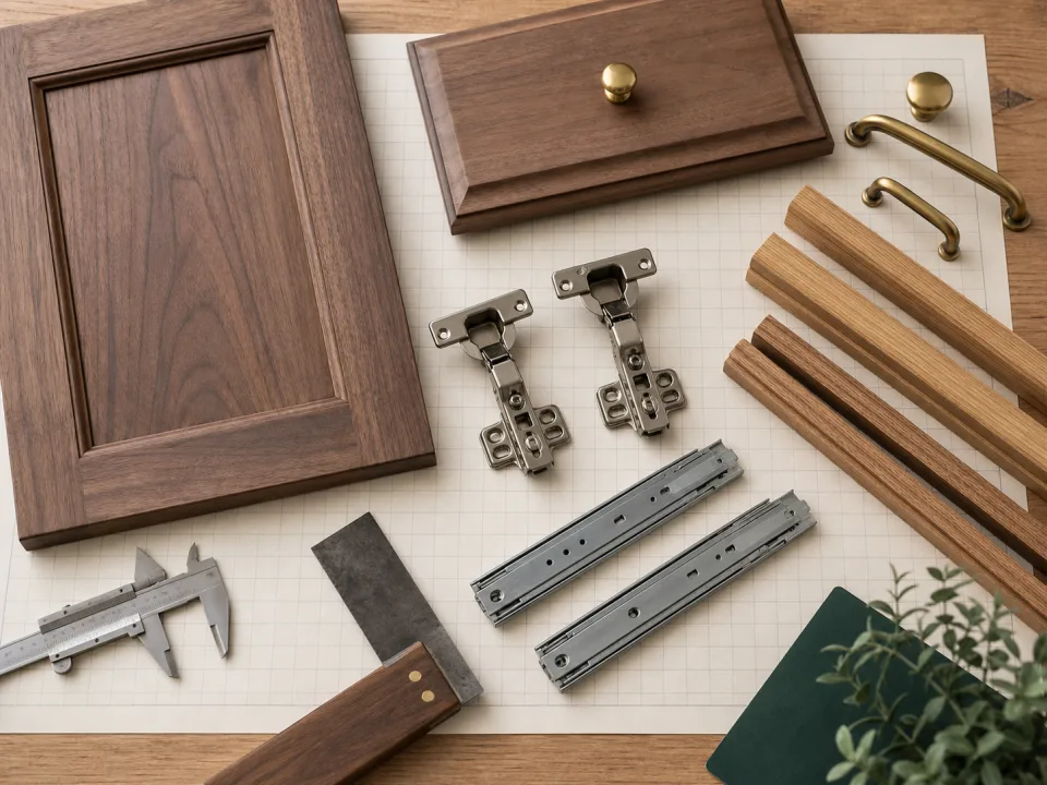 Cabinet door components, wood samples, hinges, and hardware on a worktable for Room-by-Room Installation Handoff