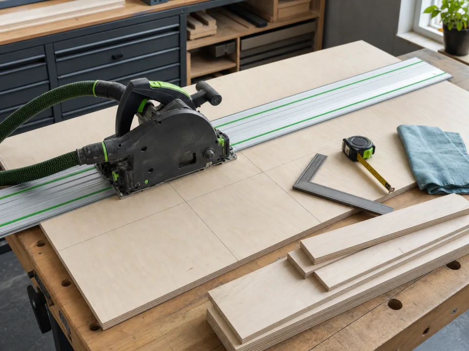 Track saw positioned on plywood beside measuring and planning tools for First-Sheet Cutting Inspection Record