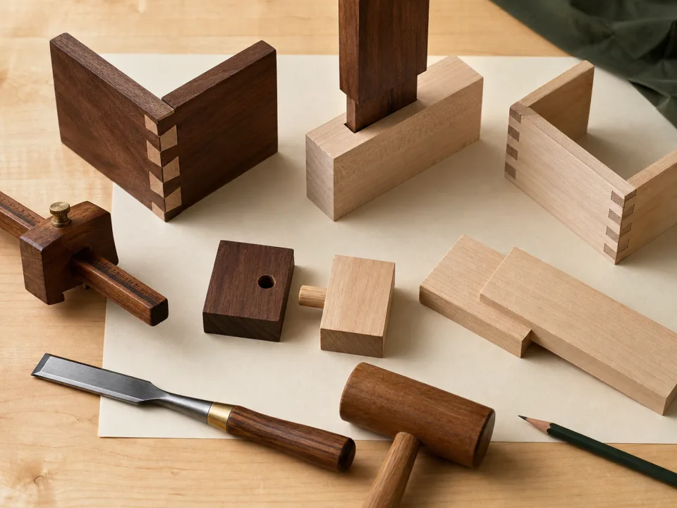 Wood joinery samples arranged for a woodworking project review for Room-by-Room Installation Handoff