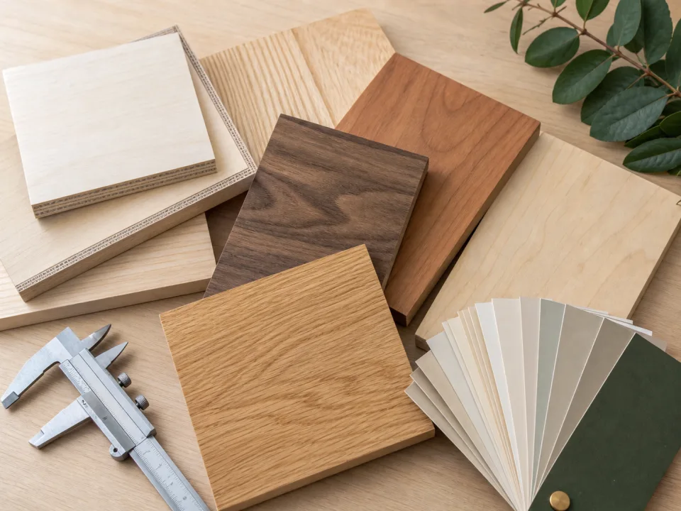 Wood and plywood samples arranged for material selection for Cut-Dimension Drift Sampling Plan