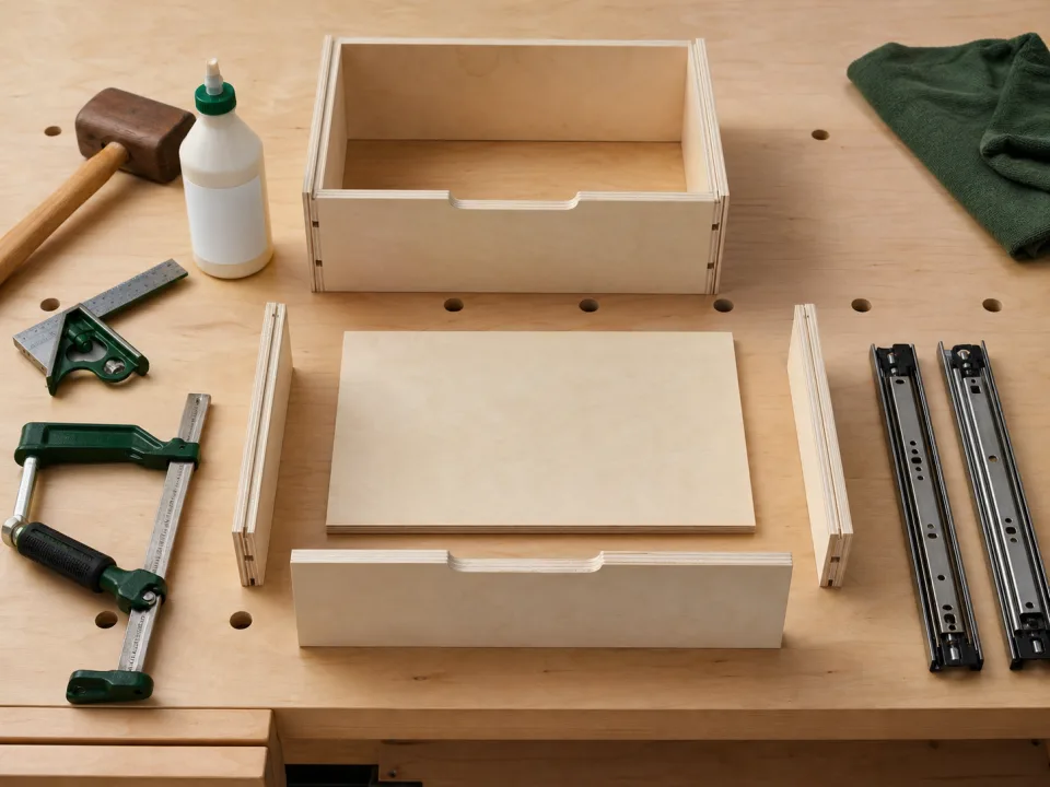 Drawer box parts and tools prepared for cabinet assembly for Cut List Material Groups to Purchase List