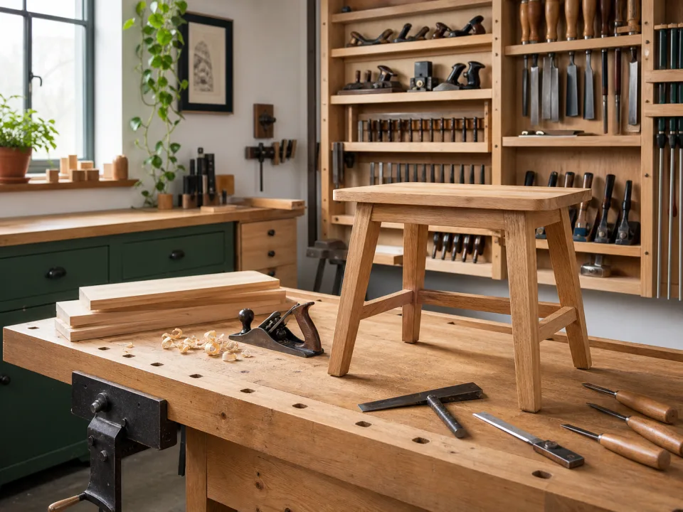 Organized woodworking bench with lumber, tools, and project parts for First-Article Check for Repeated Wood Parts