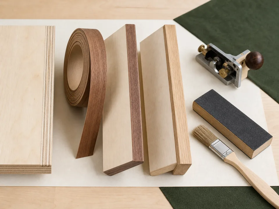 Plywood edge-banding materials and trimming tools on a workbench for Sheet-Goods Receiving Reconciliation