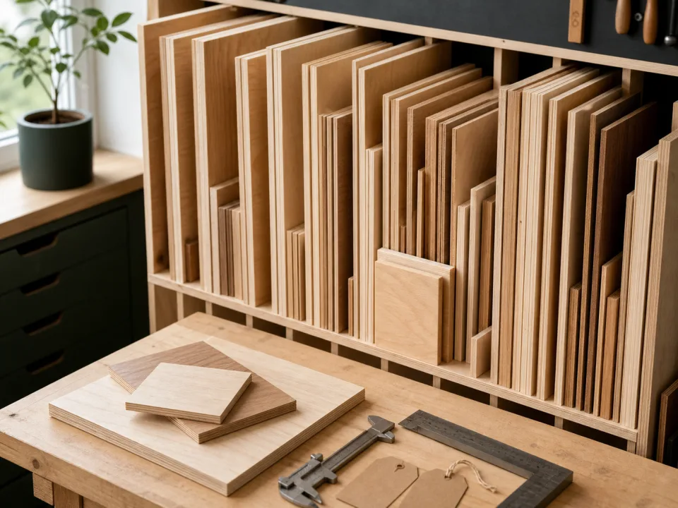 Organized plywood and lumber offcuts stored for reuse for Cut List Yield Variance Closeout