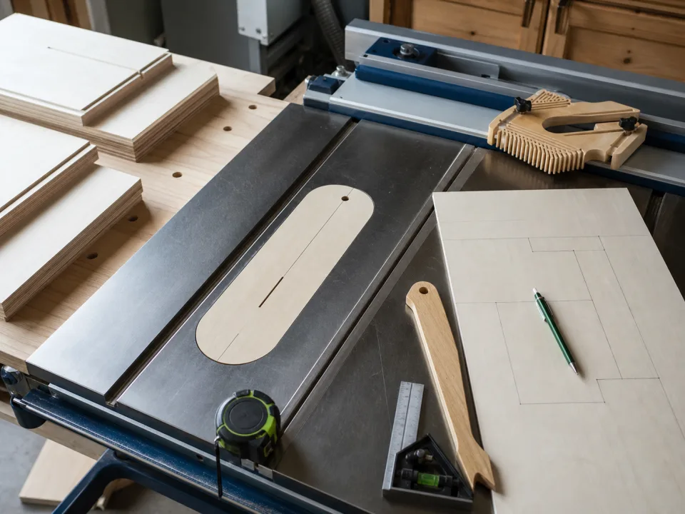 Table saw workspace prepared for a measured wood cutting sequence for Installer Punch-List Closeout Workflow