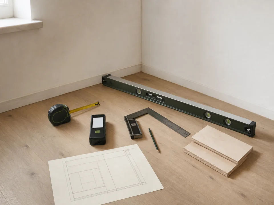 Carpentry site measurements, notebook, and wood samples for project planning for Cut-Dimension Drift Sampling Plan